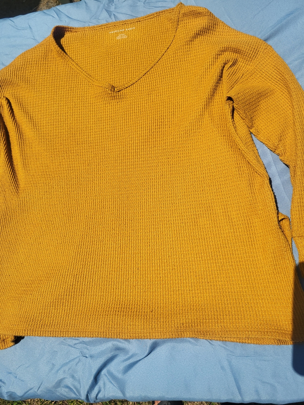 American Eagle Outfitters Women's V-Neck Waffle Knit Sweater - Mustard Yellow